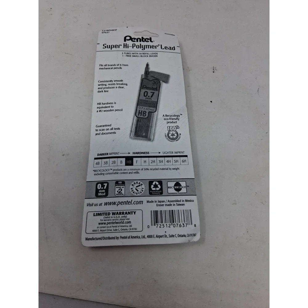 NEW Pentel 90-Pieces Super Hi-Polymer .7mm Pencil Lead Refills plus Eraser  I